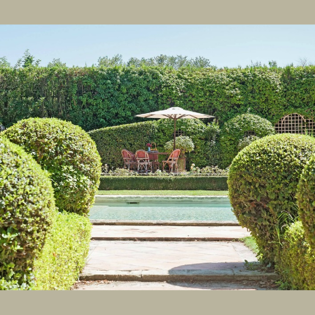 Traditional French country gardens, courtyard and pool at South of France property Chateau Mireille - Your Haven In.