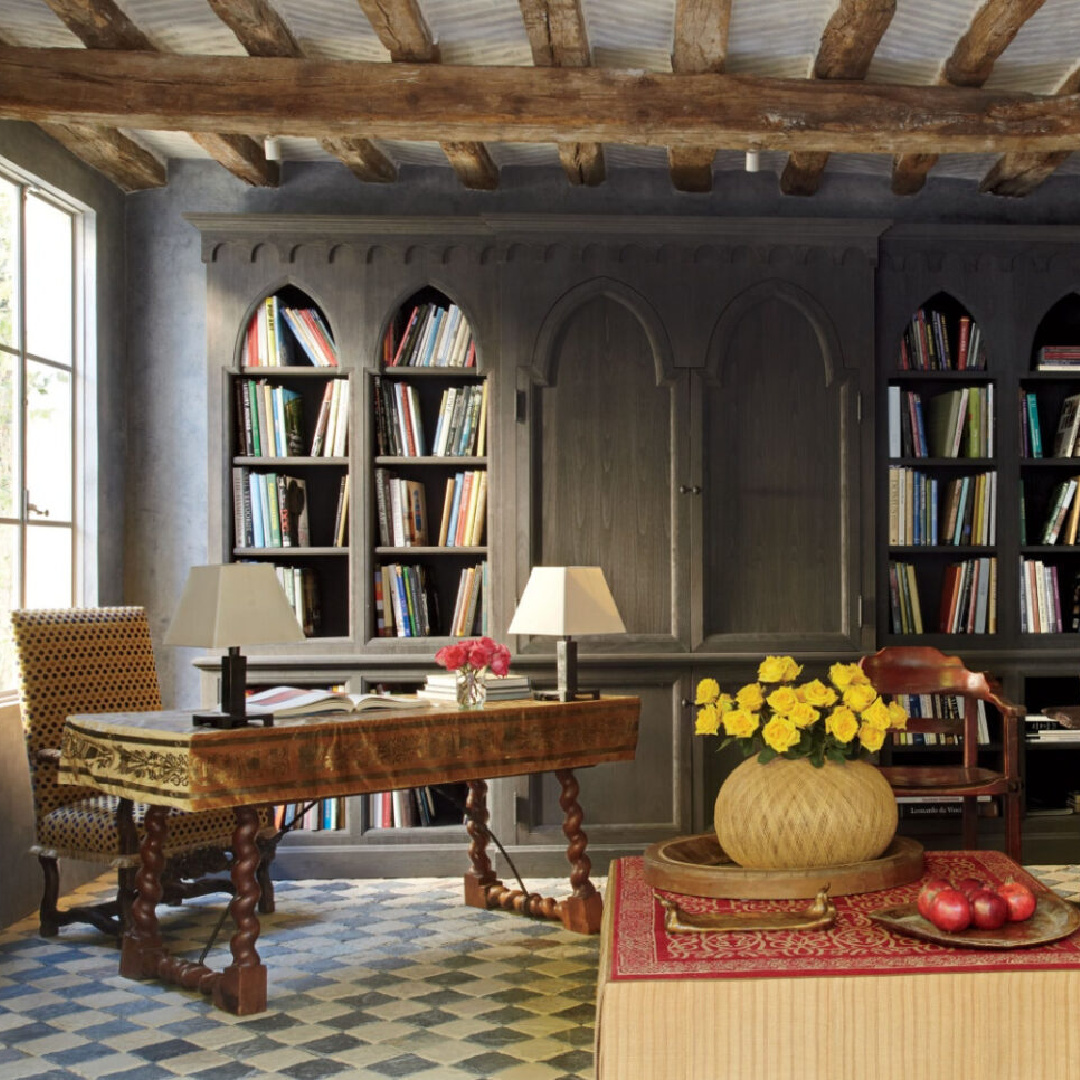 Dark moody library with rustic wood ceiling beams in Richard Shapiro's masterful Old World seaside home in Malibu in AD's April 2011 issue.