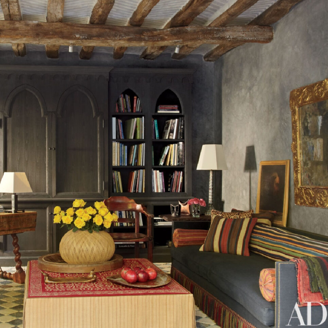 Dark moody library in Richard Shapiro's masterful Old World seaside home in Malibu in AD's April 2011 issue.