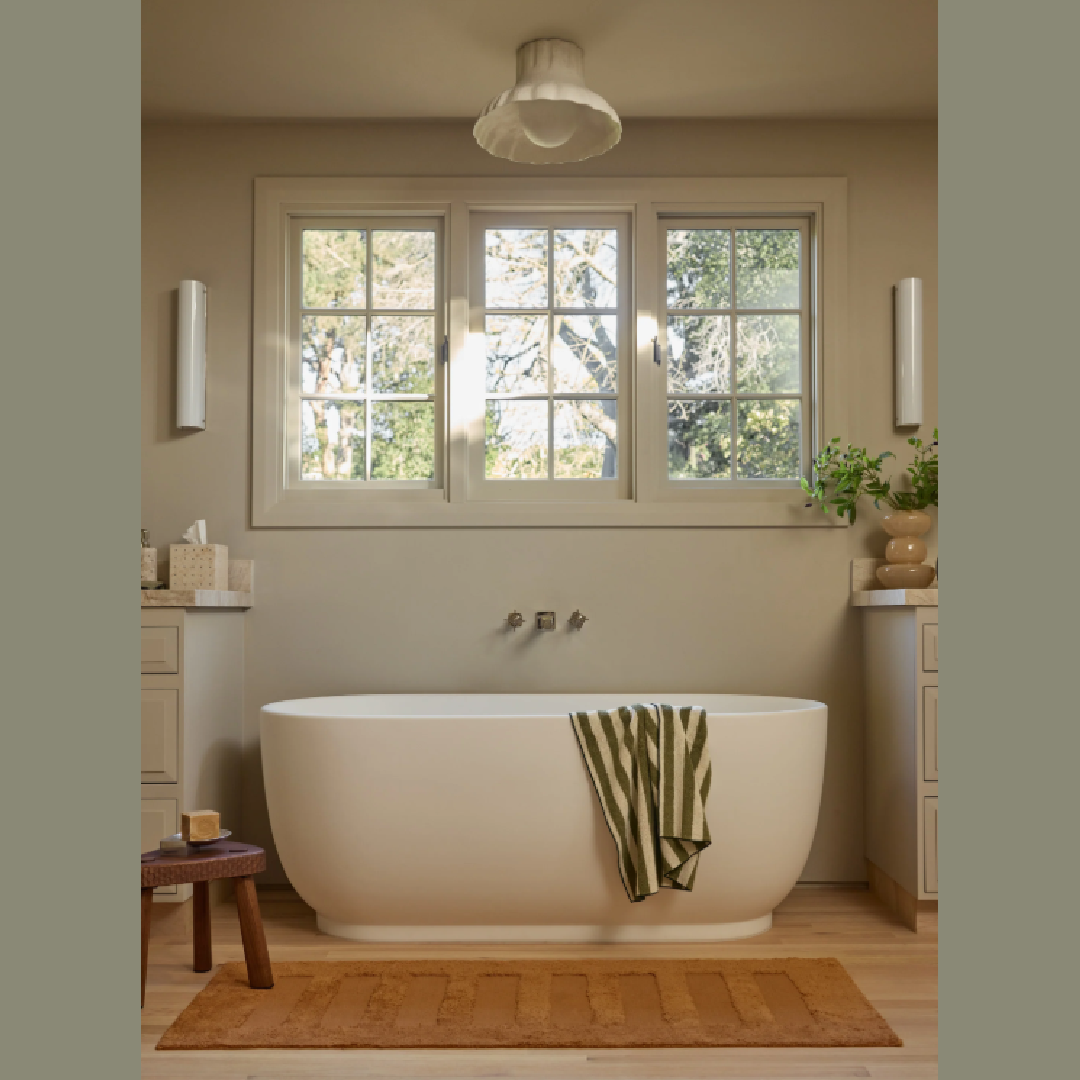 Modern zen  green bath with Enzo organic cotton towel set designed by Sarah Sherman Samuel for Lulu & Georgia.