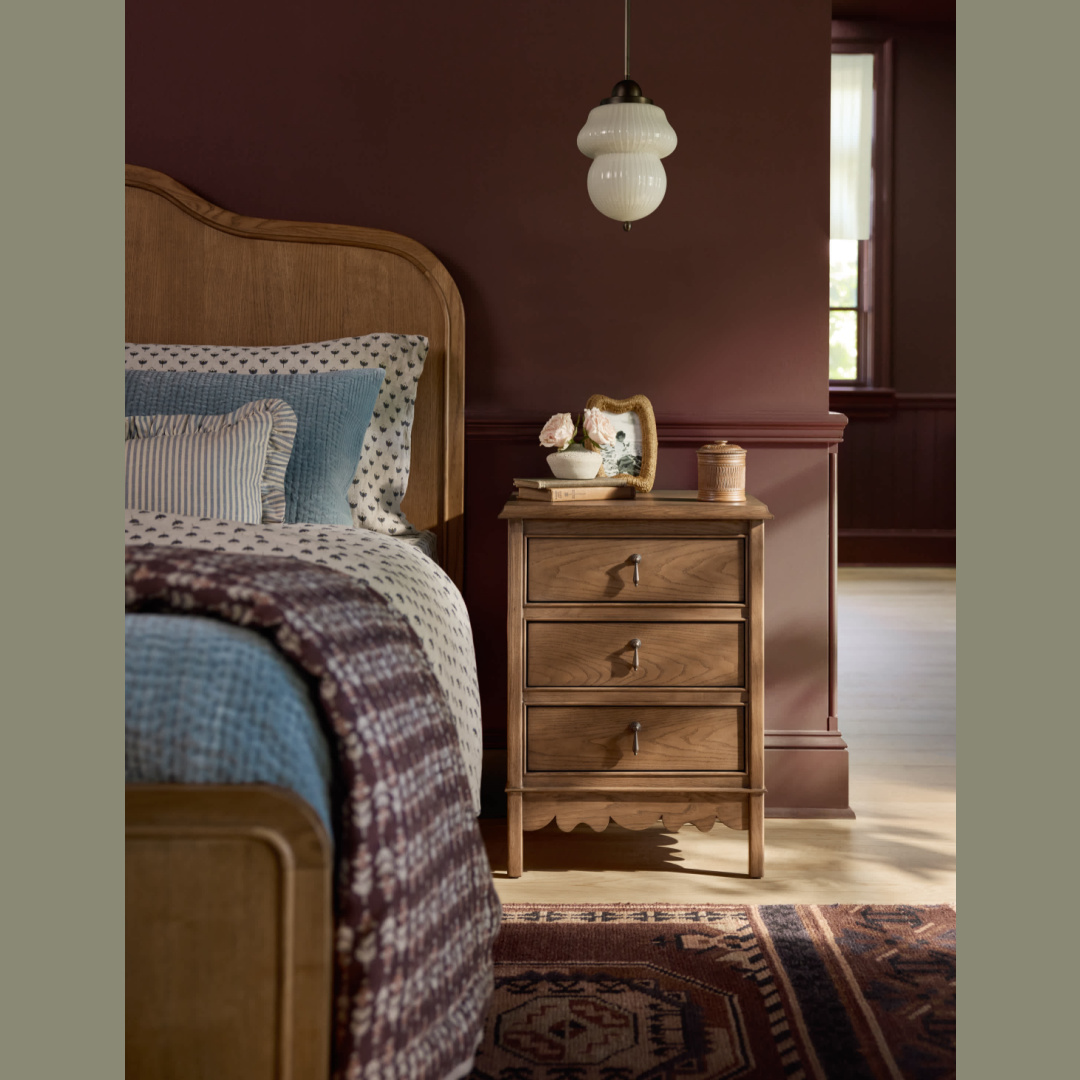 Ginny Macdonald designed Longton Nightstand from Lulu & Georgia in a beautiful bedroom with dark walls.