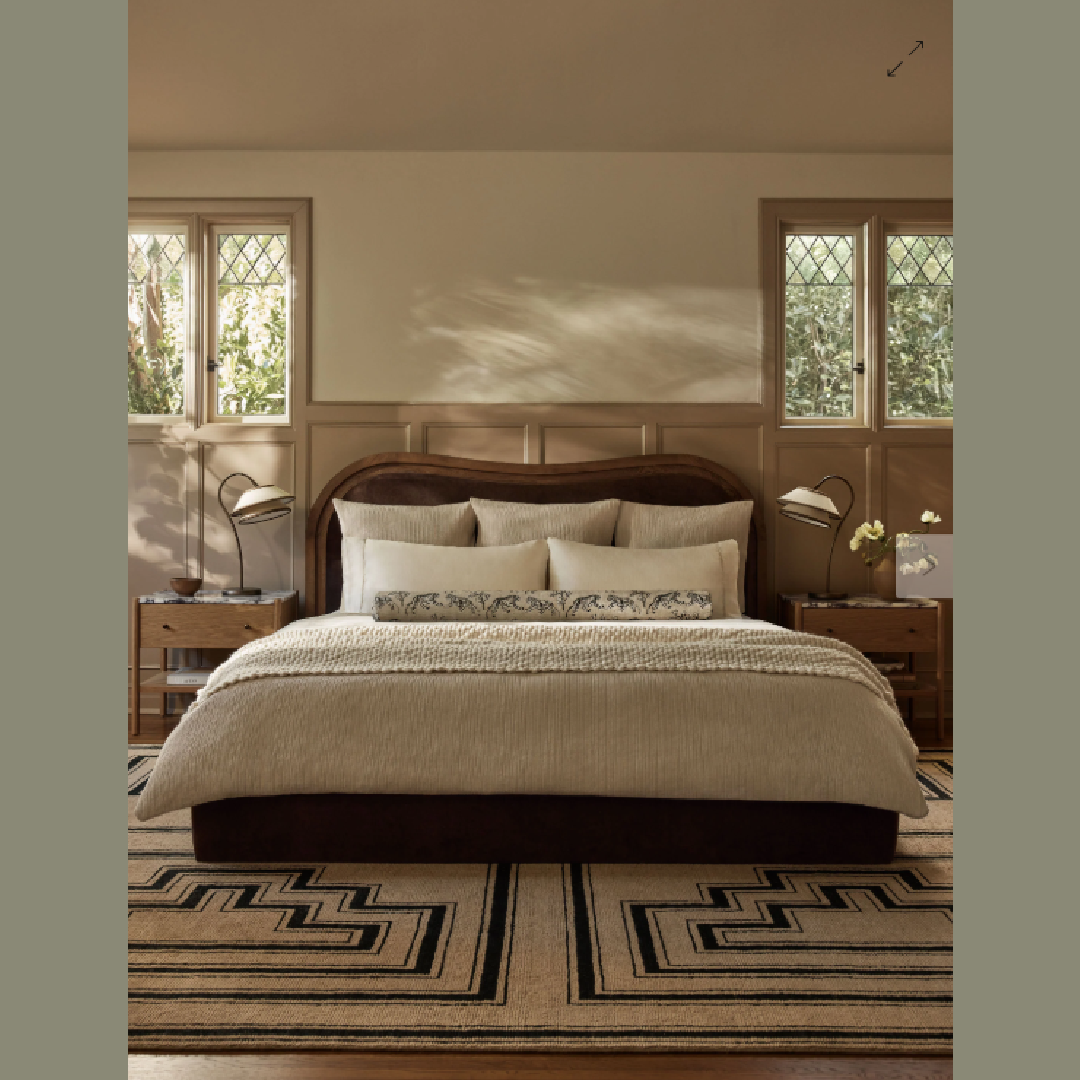 Beautiful serene modern earthy bedroom by Sarah Sherman Samuel with Tiger Jacquard Long Bolster Pillow for Lulu & Georgia.