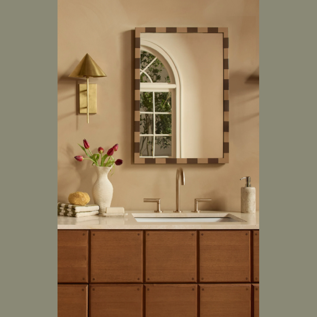 Modern warm earthy luxe bath by Sarah Sherman Samuel with her Wrinkle Vase for Lulu & Georgia.