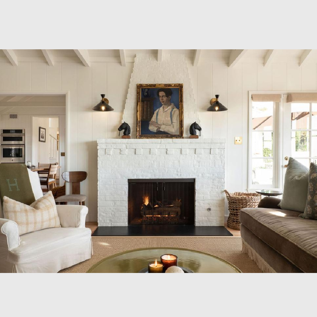 Farrow & Ball All White in a cozy English country living area. White brick fireplace in a 1941 Malibu home - Avi Brosh and Kirsten Leigh Pratt. Vogue Living Australia. #farrowandballallwhite