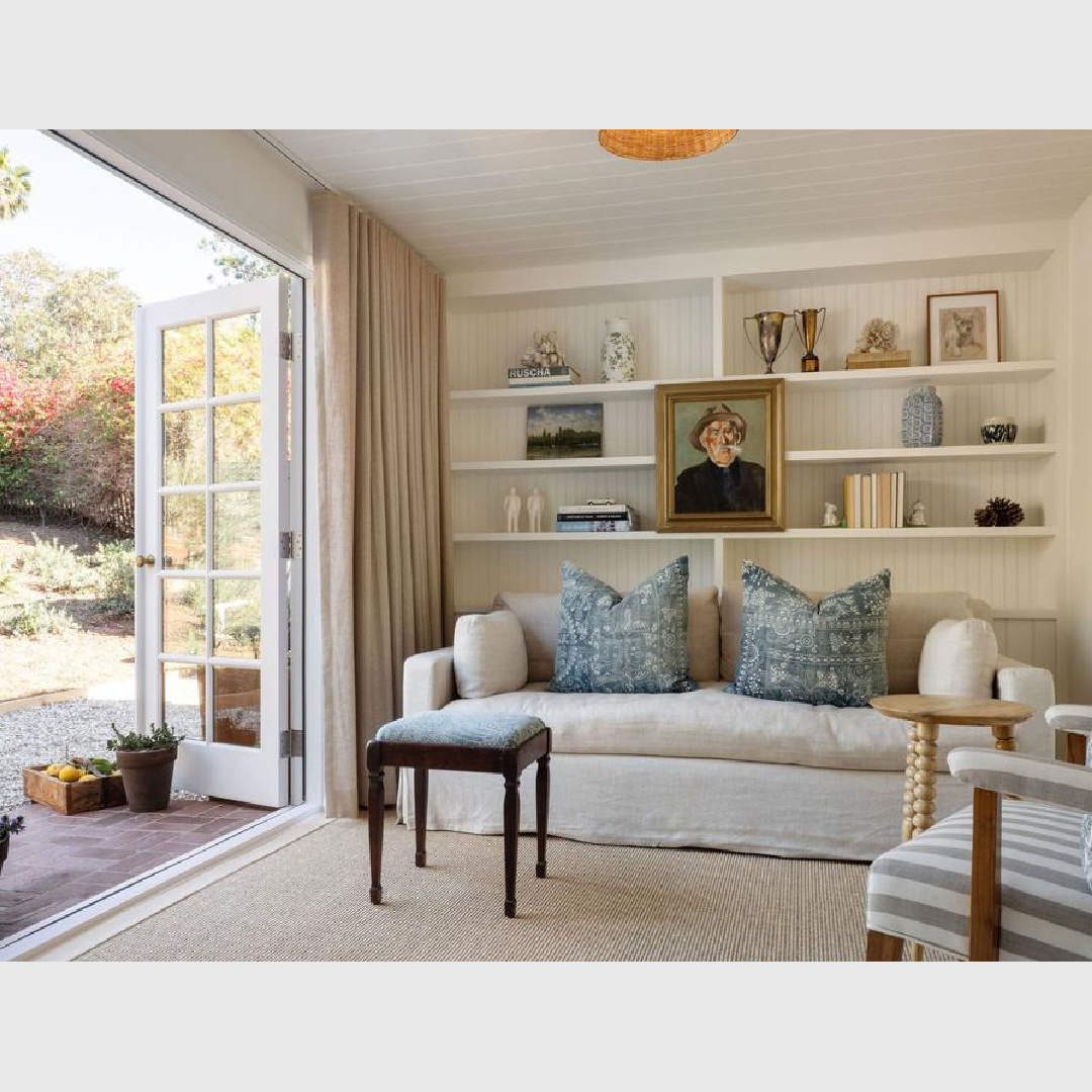 F&B All White painted interiors with built-in shelves in a stunning Malibu cottage by Avi Brosh and Kirsten Leigh Pratt. #farrowandballallwhite