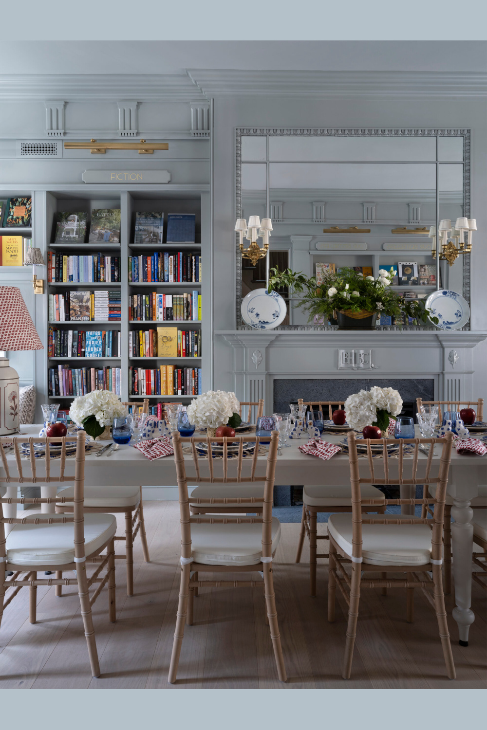 Beacon Hill Bookse  & Cafe interior designed by Cathy Kincaid. Millwork is painted Farrow & Ball Light Blue No. 22.