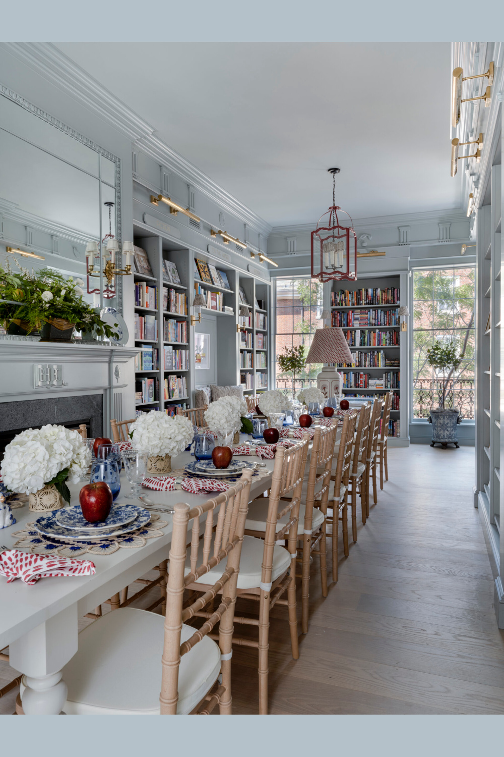 Beacon Hill Bookse & Cafe interior designed by Cathy Kincaid. Millwork is painted Farrow & Ball Light Blue No. 22.
