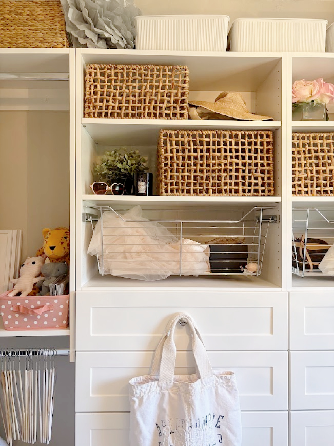My Shaker style Modular Closets custom shelves and storage in my dressing room - Hello Lovely Studio.