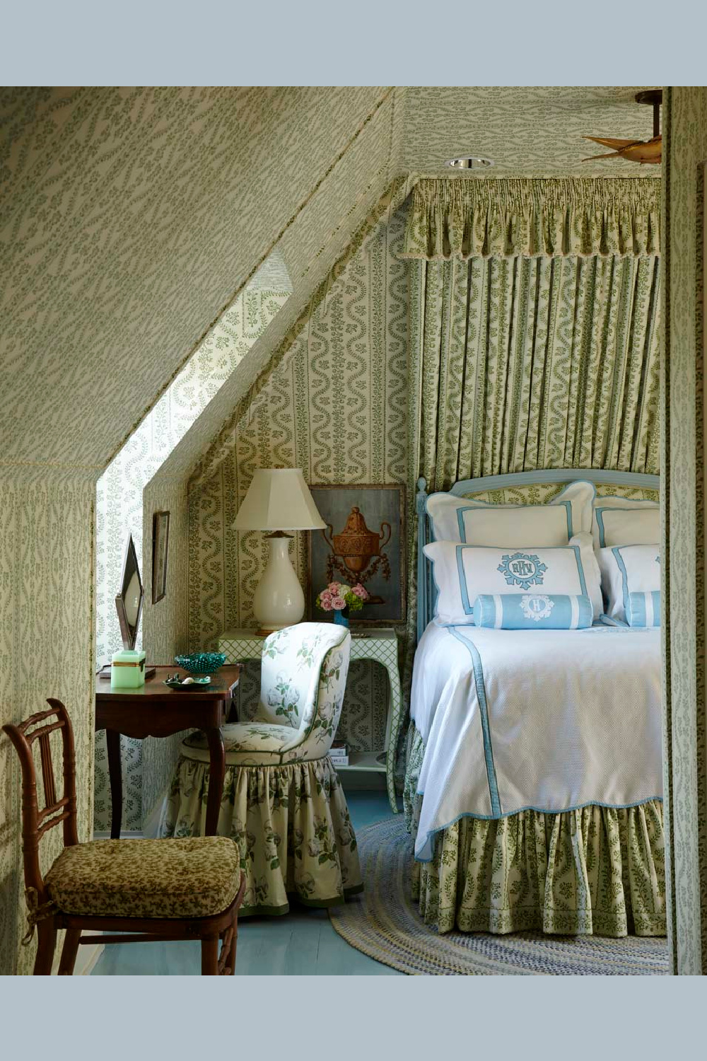 Green bedroom - Cathy Kincaid designed interiors in English Tudor house with classic, elegant, timeless style.