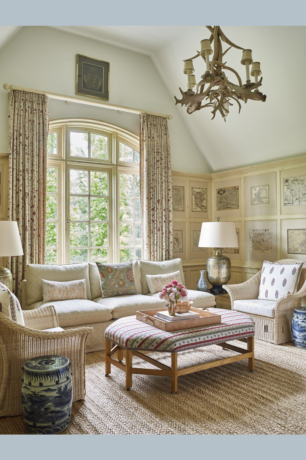 Sitting room designed by Cathy Kincaid for an English tudor home.