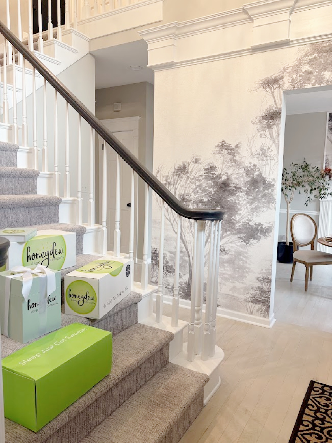 Honeydew boxes of sheets and Scrumptious pillows on stairs in our entry in the Georgian.