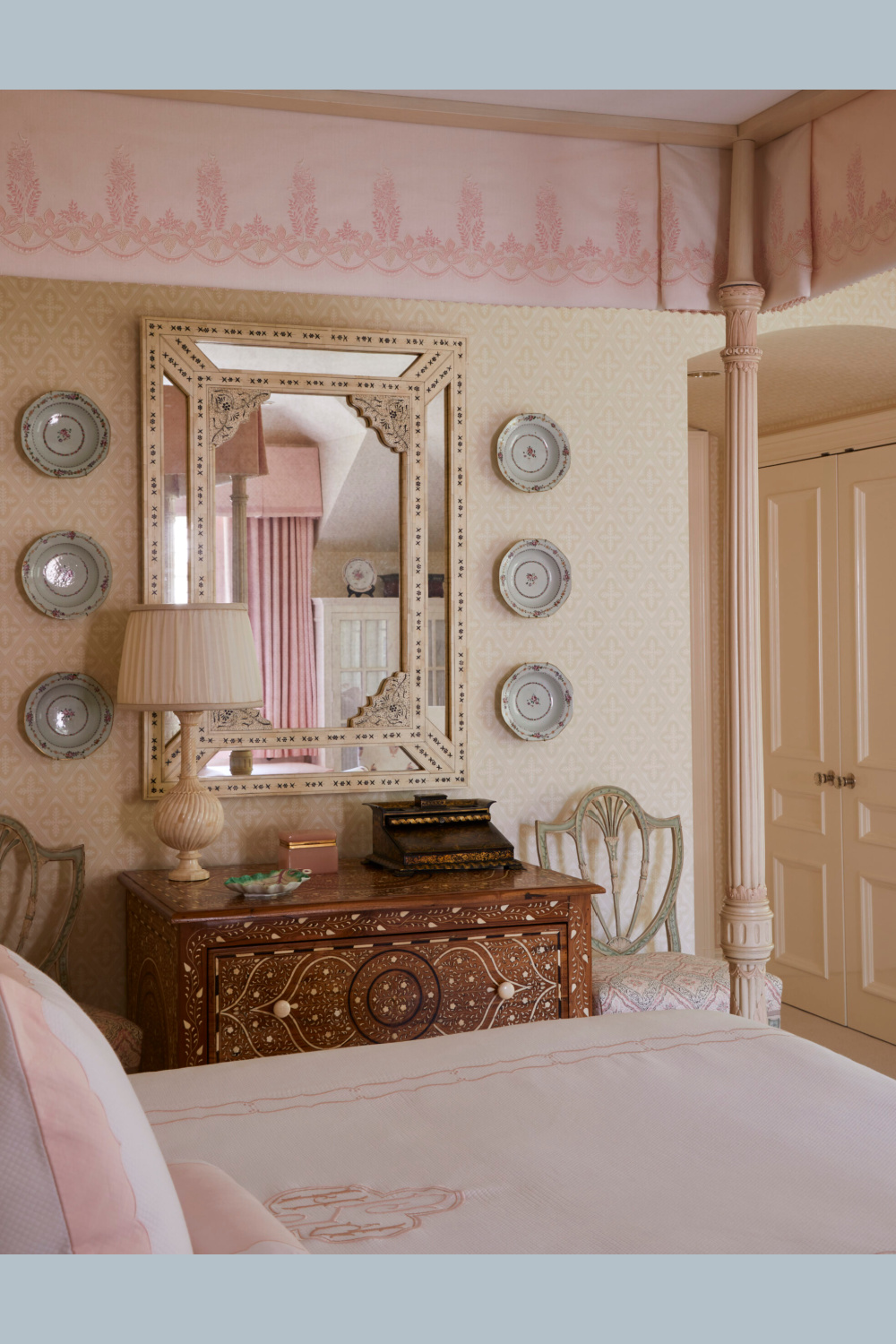 Pink bedroom in Cathy Kincaid designed interior at a Highland Park Beaux Arts home.