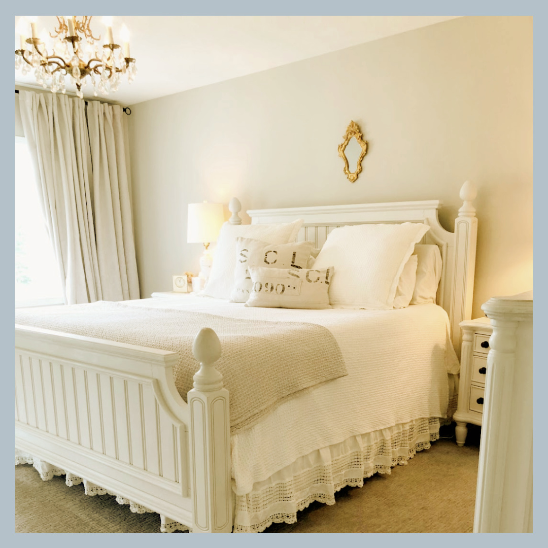 Hello Lovely's country French bedroom - walls are SW Agreeable Gray, and Honeydew sheets and pillows are favorites on the cottage style bed.