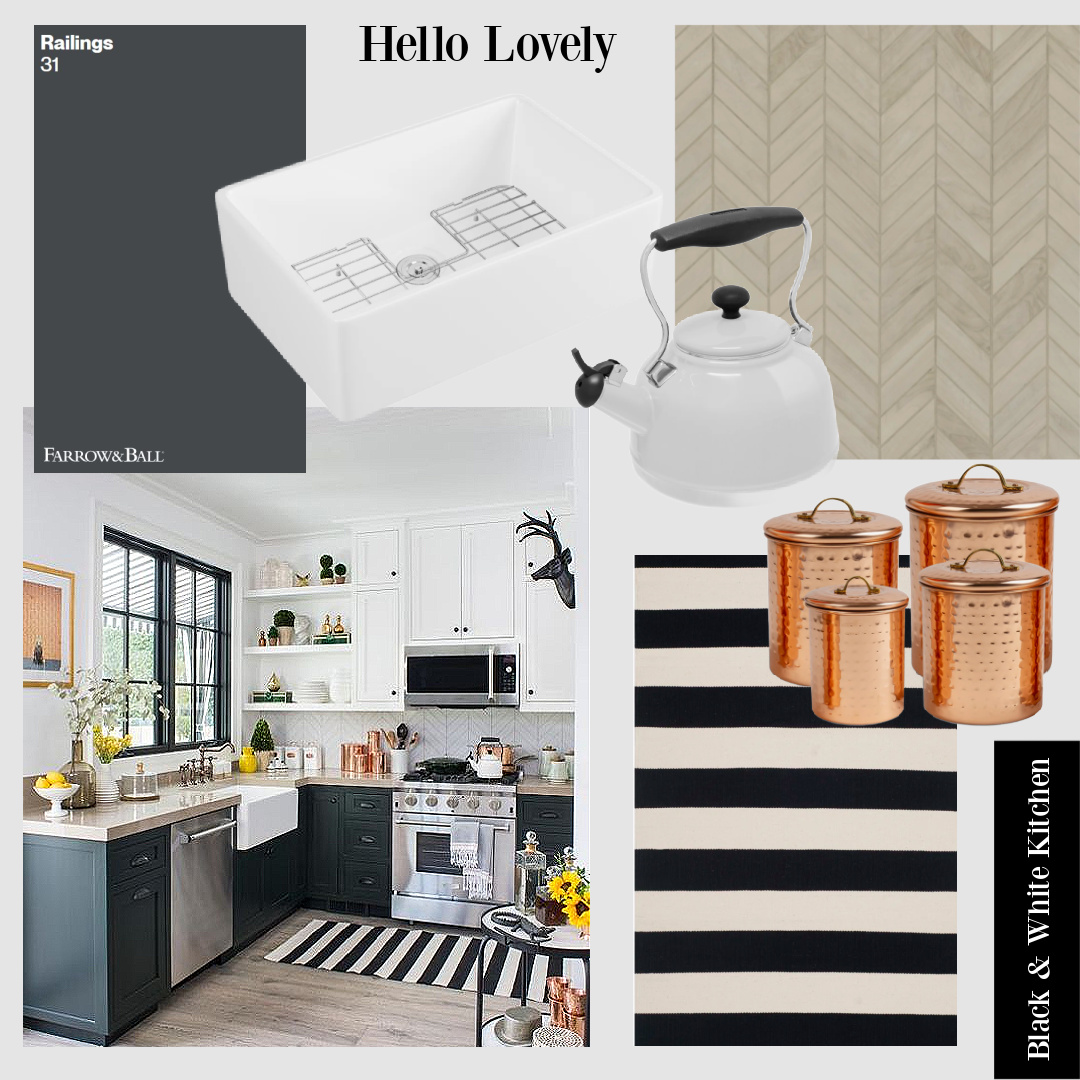 Black and white kitchen design elements from Hello Lovely Studio. (Kitchen from Drew & Linda's Honeymoon guest house).