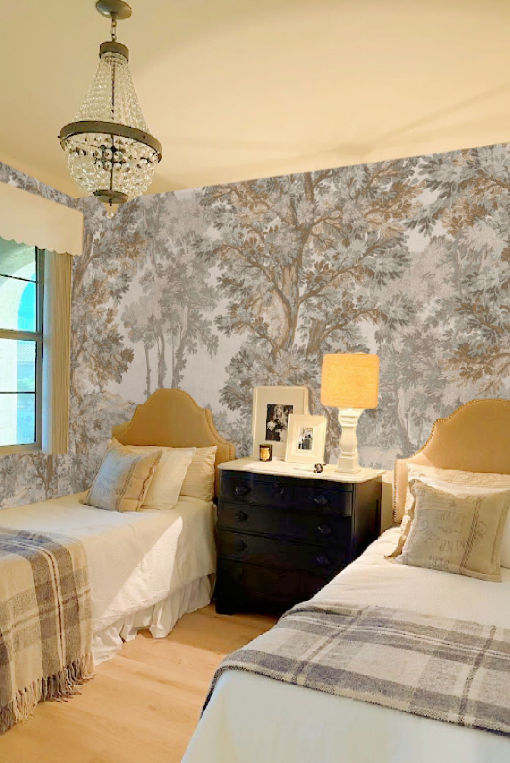 Hello Lovely's country French twin bedroom in Arizona with a landscape mural wallpaper (mock-up).