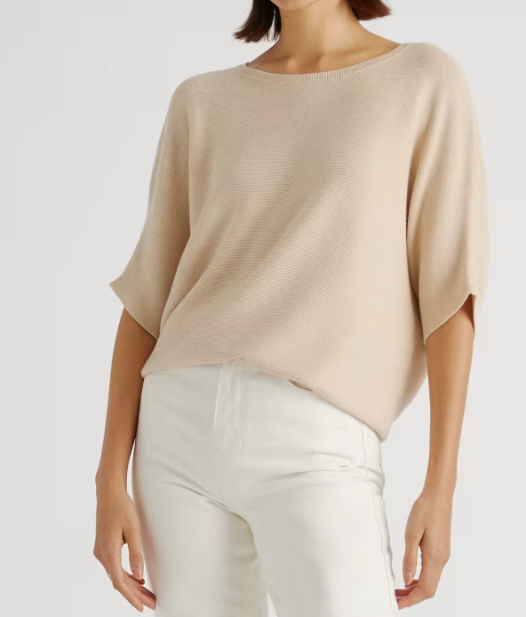 Heather oatmeal cashmere cotton sweater with dolman sleeve, Quince.