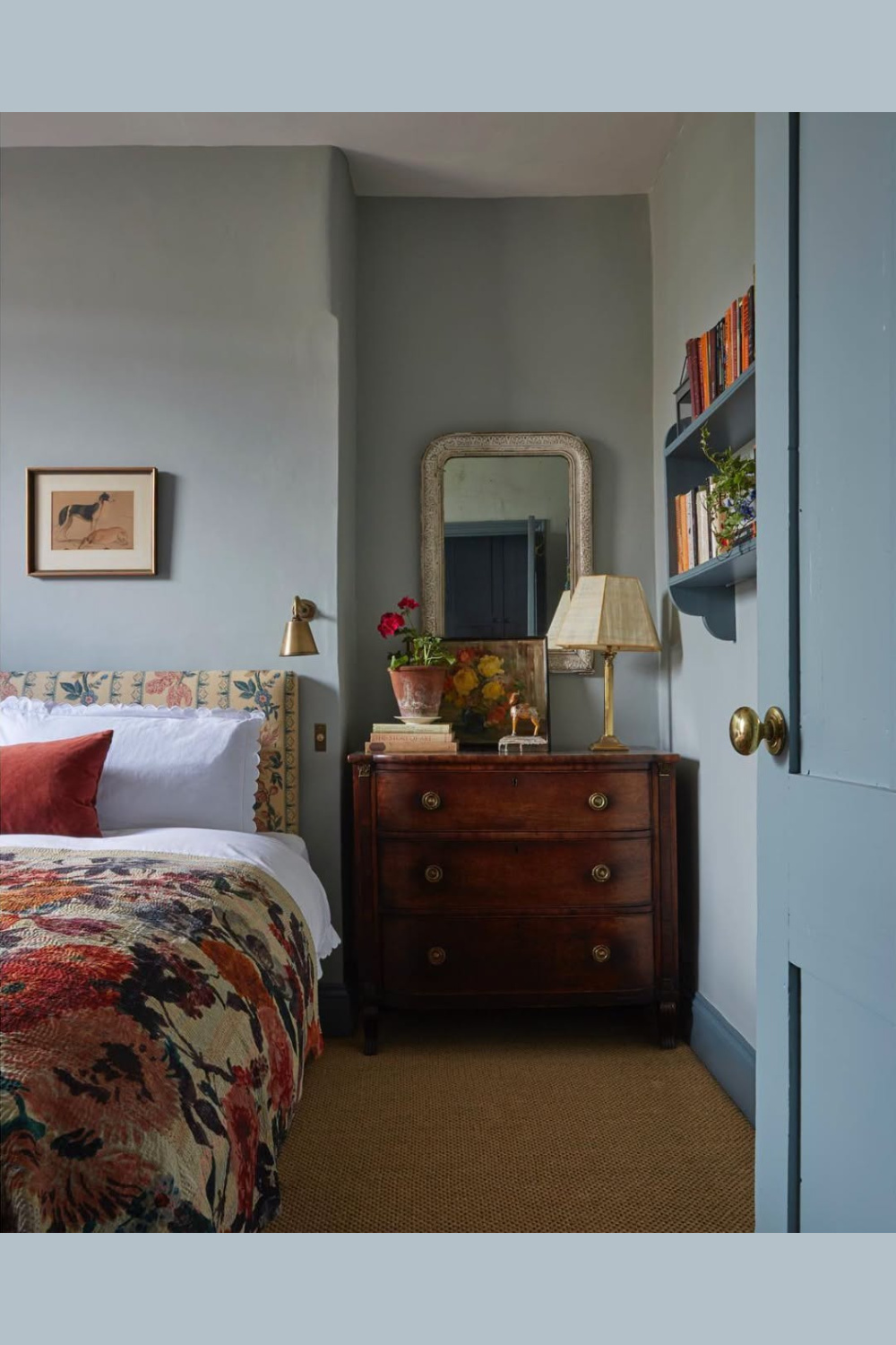 Charlotte Boundy designed bedroom interior with Farrow & Ball Light Blue No. 22.