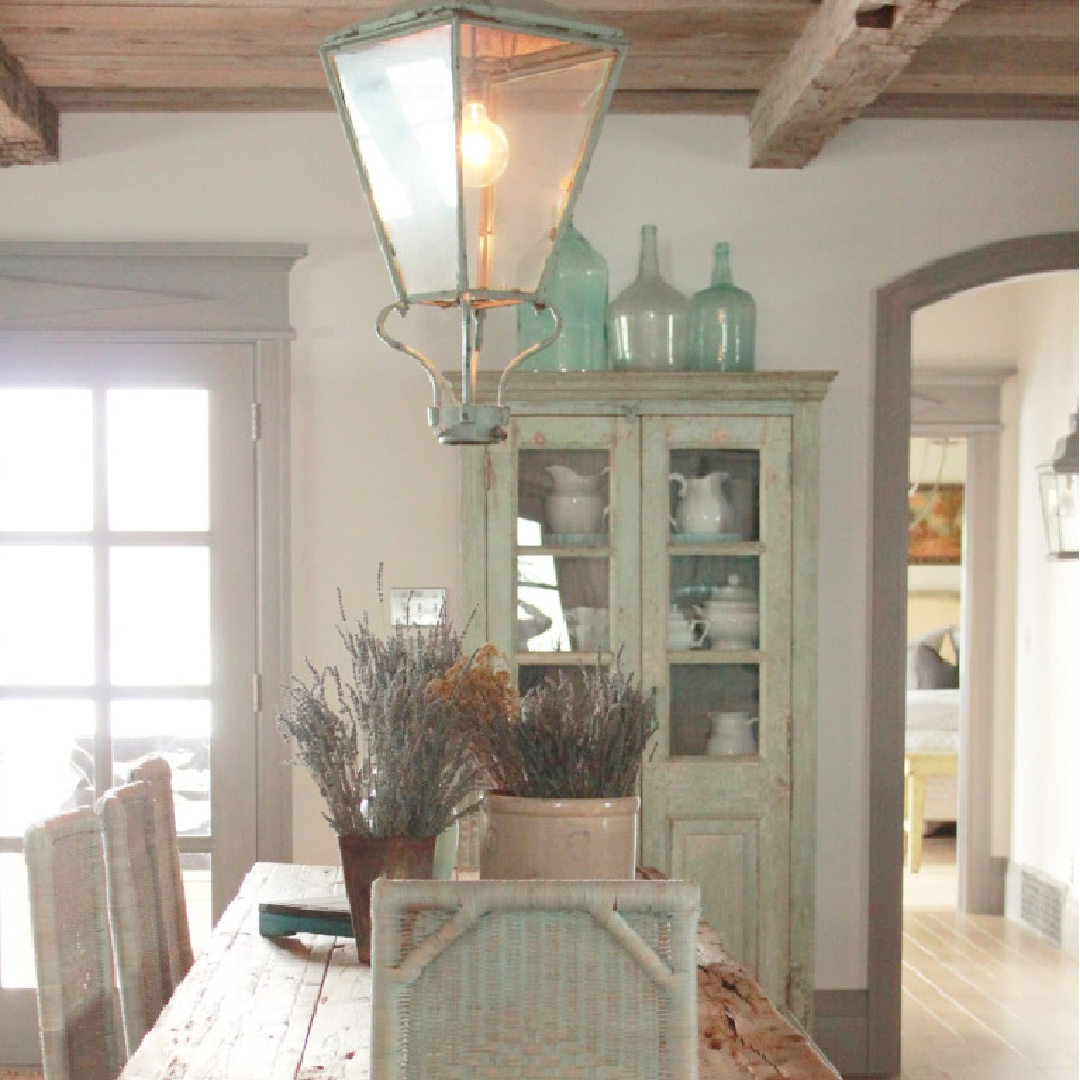 Dining room with country French accents, soft green, and collected antiques. French, Belgian and Gustavian influences in a rustic elegant Utah cottage - Desiree Bastian of Beljar Home.
