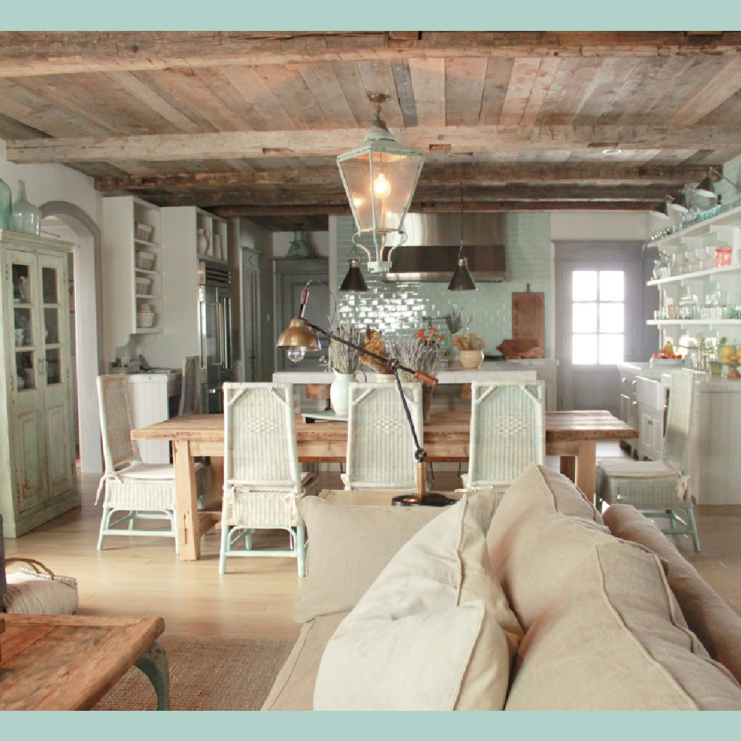 View of great room and kitchen with beachy green-blue accents. French, Belgian and Gustavian influences in a rustic elegant Utah cottage - Desiree Bastian of Beljar Home.