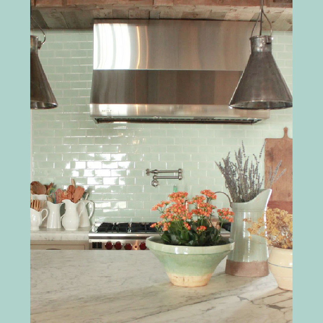 Frosty green tile backsplash in bepoke kitchen. French, Belgian and Gustavian influences in a rustic elegant Utah cottage - Desiree Bastian of Beljar Home.