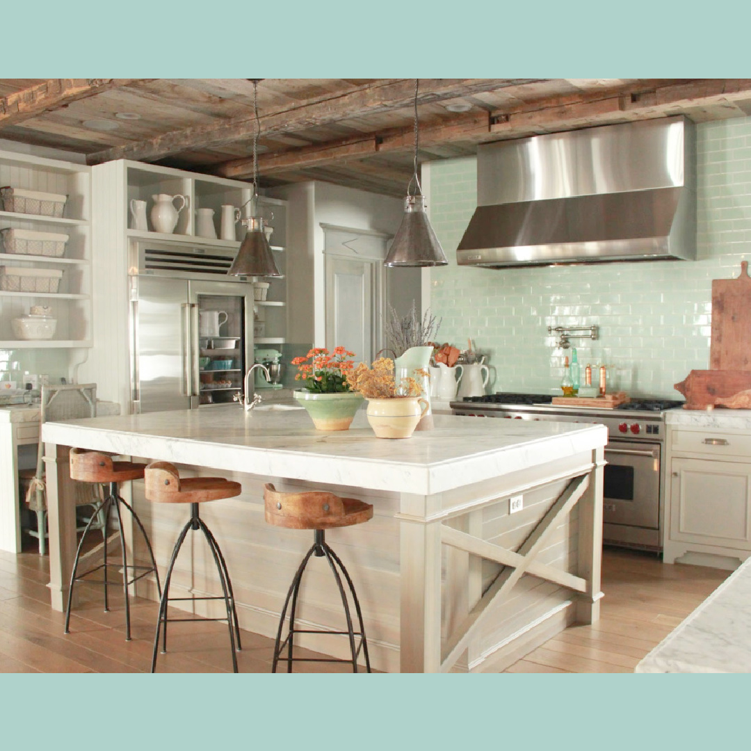 Beachy green subway tile combines with rustic reclaimed wood ceiling in kitchen. French, Belgian and Gustavian influences in a rustic elegant Utah cottage - Desiree Bastian of Beljar Home.