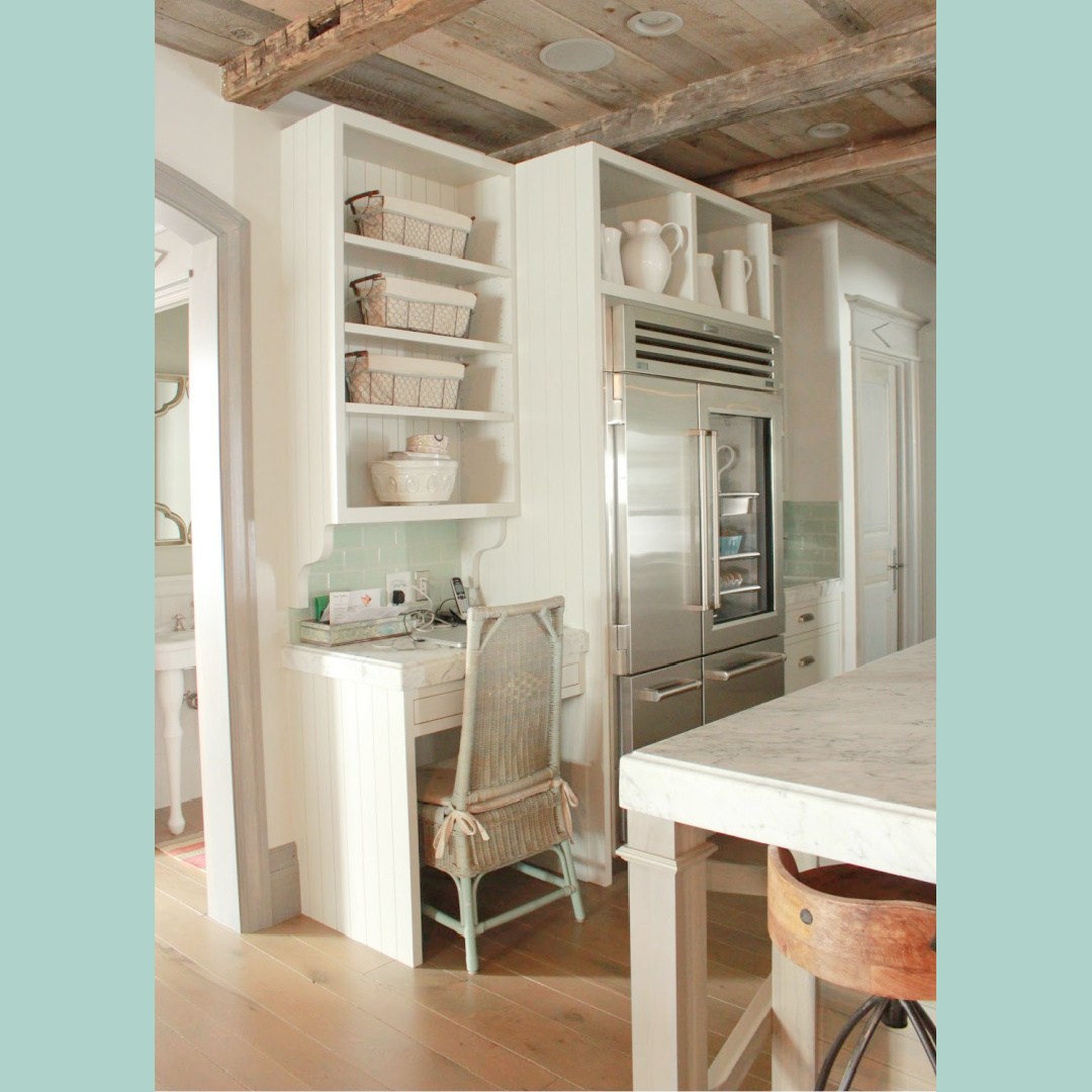 Rustic reclaimed wood ceiling and desk area of kitchen. French, Belgian and Gustavian influences in a rustic elegant Utah cottage - Desiree Bastian of Beljar Home.