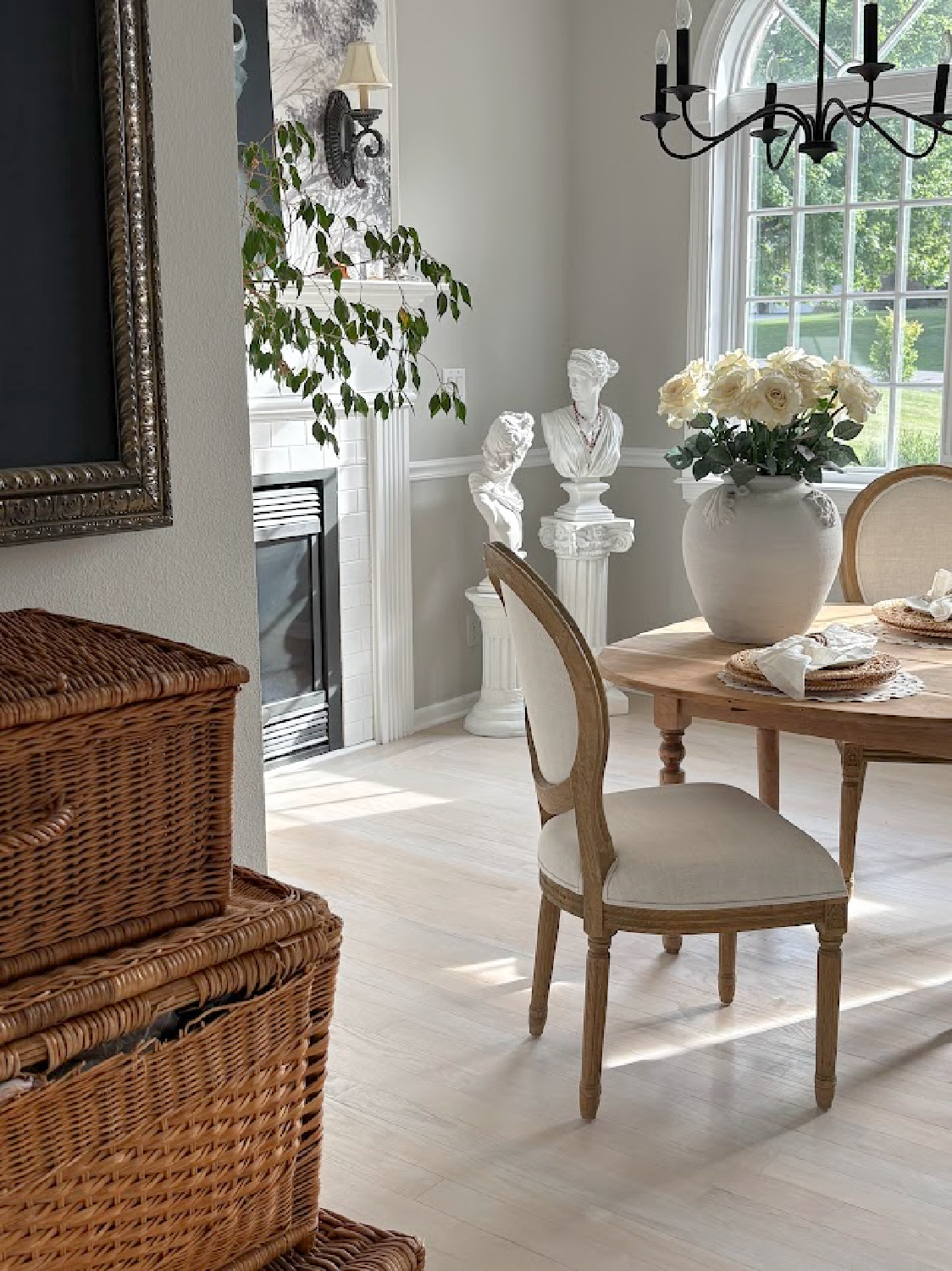 Hello Lovely's serene modern French dining room with SW Re[ose Gray walls and curated mix of antiques and new.