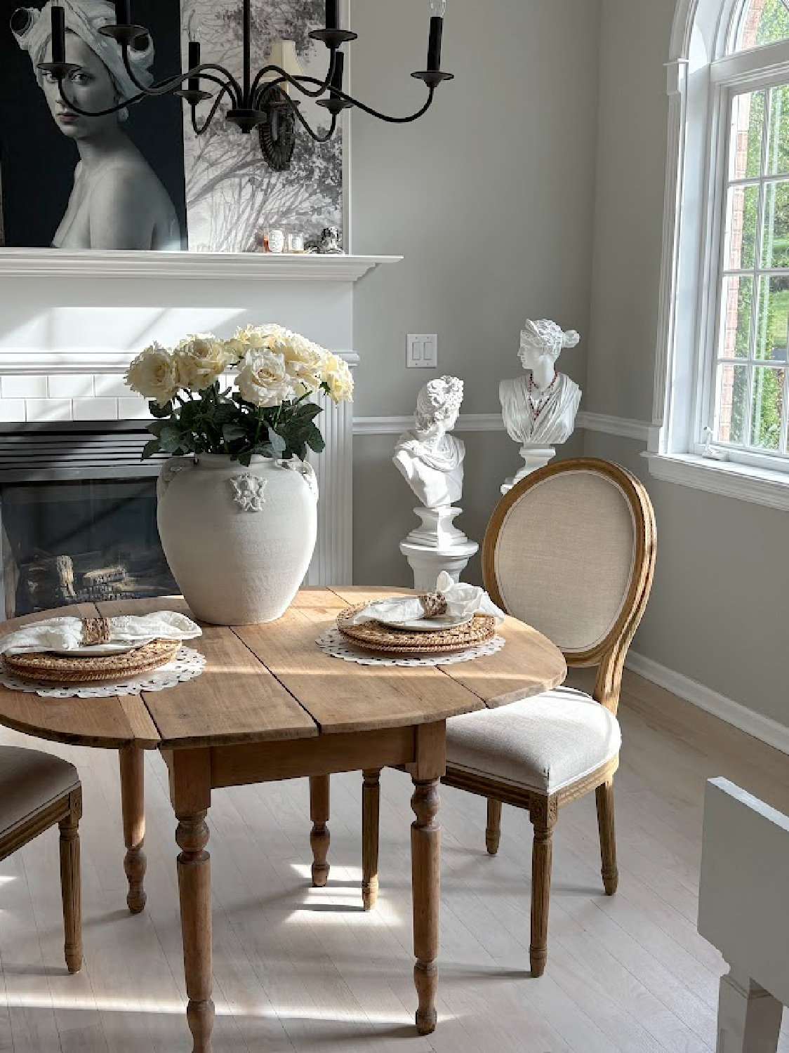 Hello Lovely's serene modern French dining room with SW Re[ose Gray walls and curated mix of antiques and new.