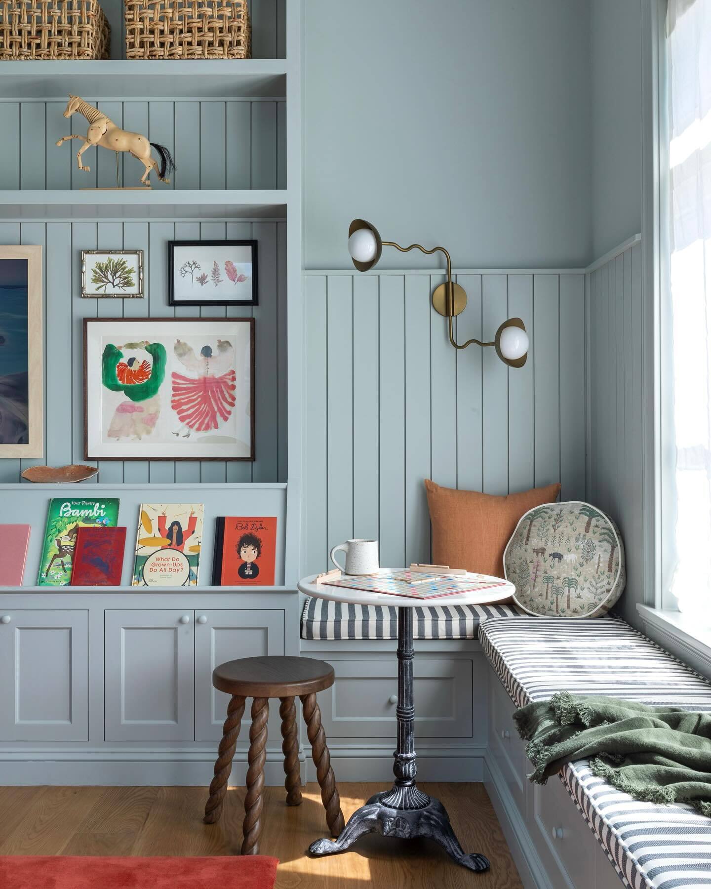 Farrow & Ball Light Blue paint color in a kids playroom.