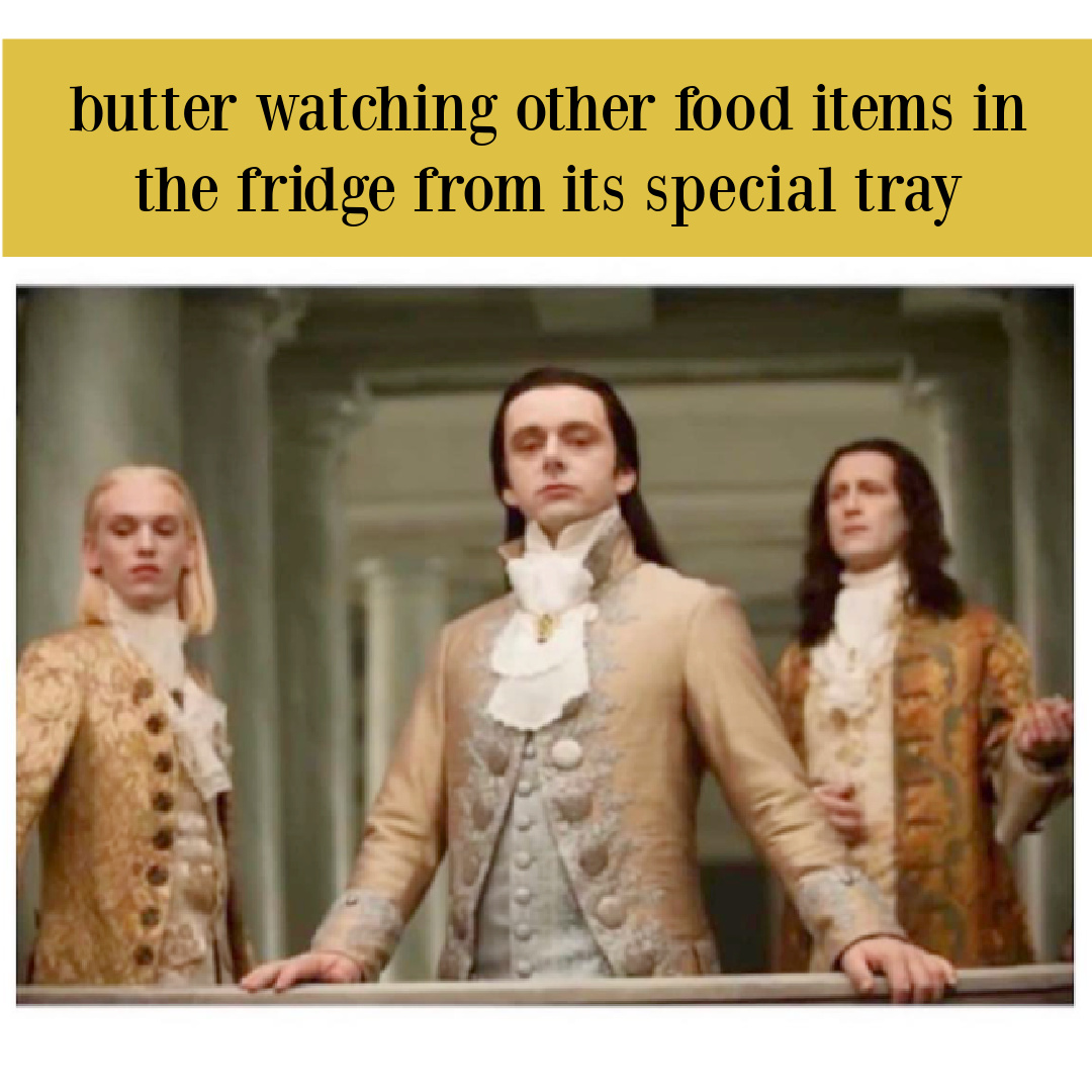 Funny meme about butter in the refrigerator with an image of the Volturi from Twilight series.