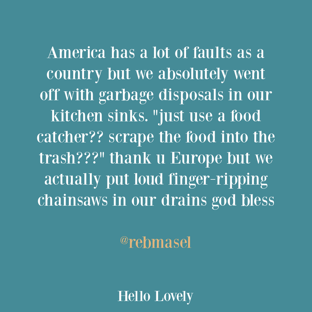 Hilarious tweet about garbage disposals in America from rebmasel on Hello Lovely Studio.