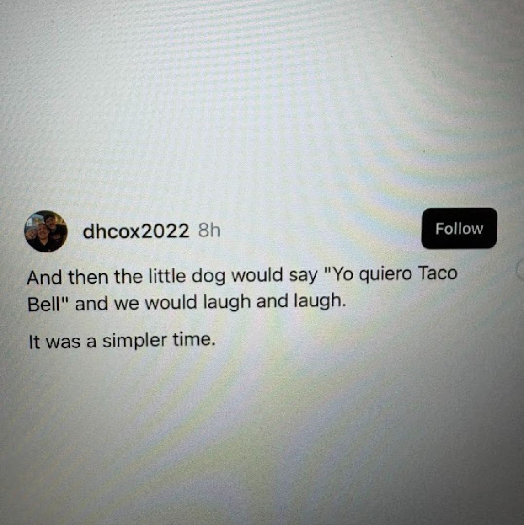 Bittersweet funny meme remembering Taco Bell and simpler times.
