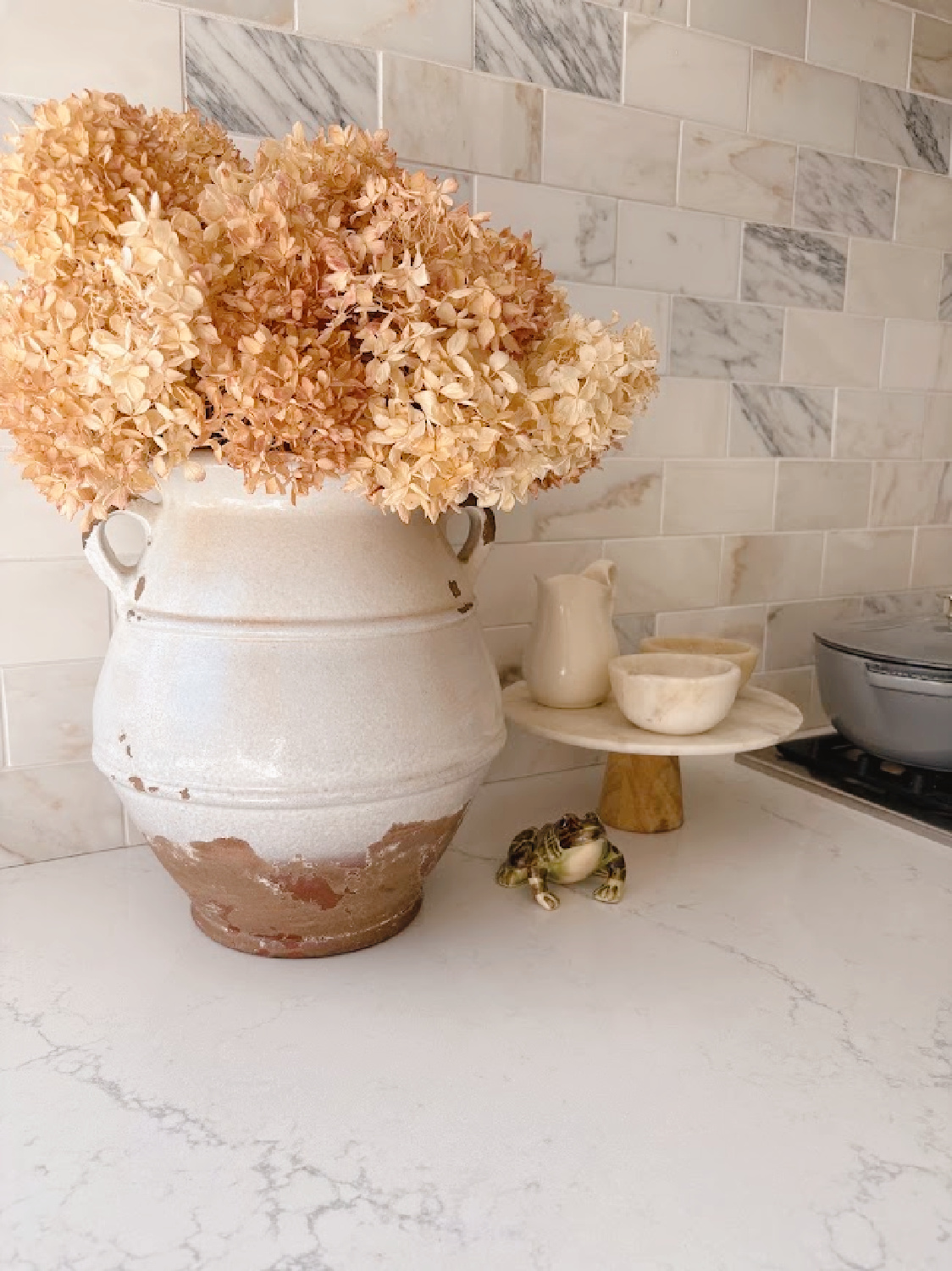 Hello Lovely's fall kitchen with calacatta marble subway tile backsplash and LX Hausys VIATERA Muse counters.