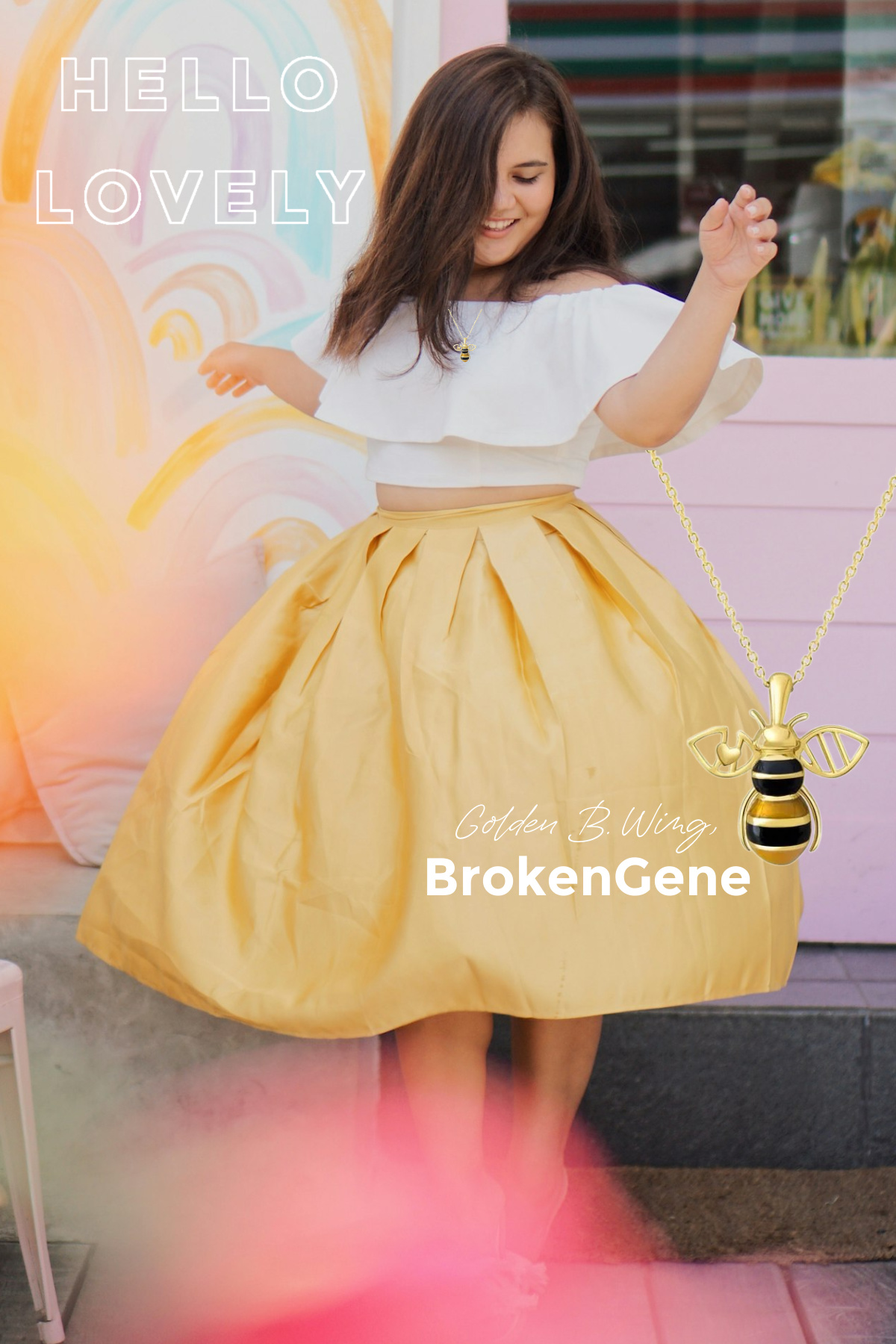 Beautiful Golden B. Wing necklace designed by Holly Sabo for BrokenGene Jewelry - image by Hello Lovely Studio. #brca1 #brca2 #previvor
