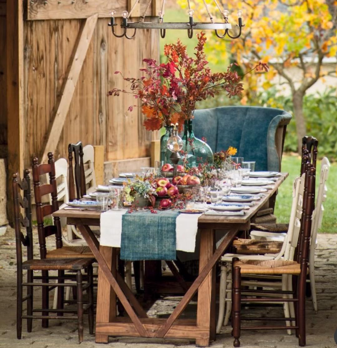 Breathtaking fall table with teal and crimson in a barn - Helen Norman of @starbrightfarm.