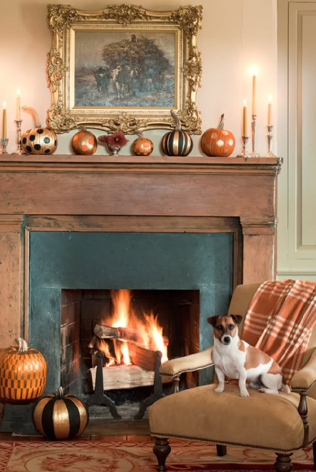 Fall fireplace mantel with pumpkins in a warm cozy country space with dog on chair - Helen Norman @starbrightfarm.