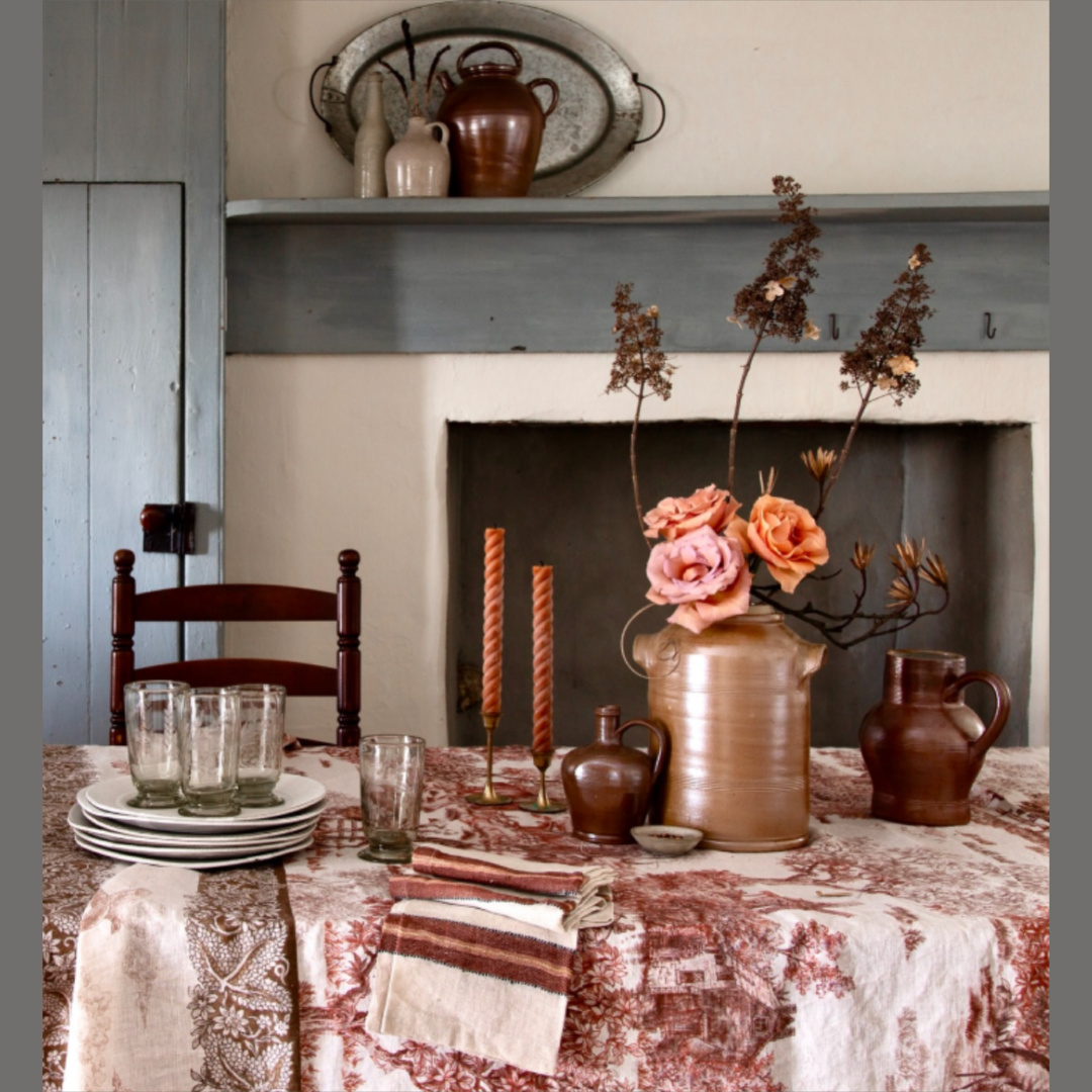 Cozy, warm, sophisticated warm country tablescape with rosy reds for Fall - Helen Norman @starbrightfarm.